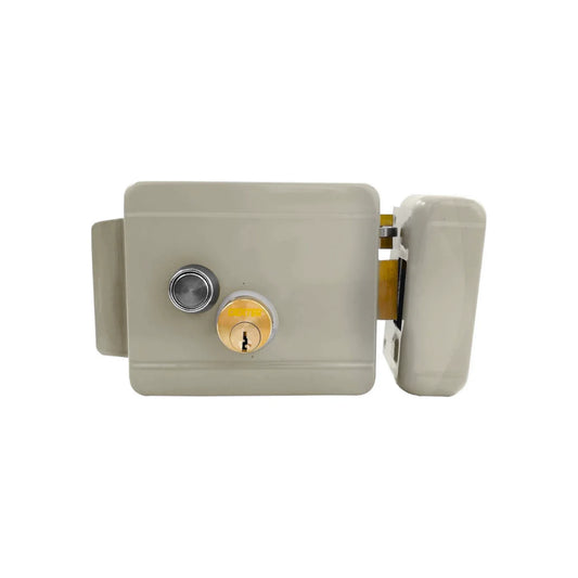 Chapa para entrada principal eléctrica.,Acabado beige.,Chapa izquierda con botón pulsador.,Incluye 3 llaves..estándar y backset de 60 mm,Para puertas de metal o de madera.