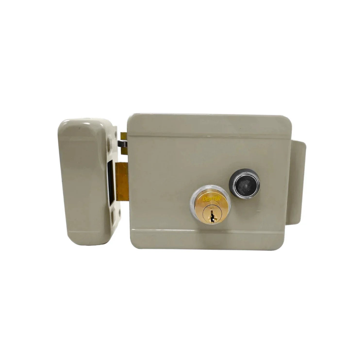 Chapa para entrada principal eléctrica.,Acabado beige.,Chapa derecha con botón pulsador.,Incluye 3 llaves..estándar y backset de 60 mm,Para puertas de metal o de madera.