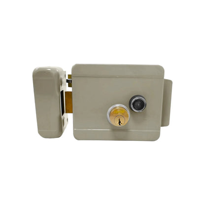 Chapa para entrada principal eléctrica.,Acabado beige.,Chapa derecha con botón pulsador.,Incluye 3 llaves..estándar y backset de 60 mm,Para puertas de metal o de madera.