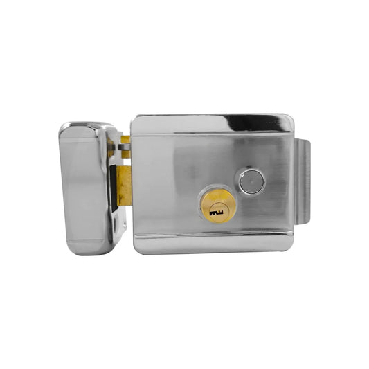 Chapa para entrada principal eléctrica.,Acabado: Cromo.,Chapa izquierda con botón pulsador.,Incluye 5 llaves de puntos y backset de 60 mm,Para puertas de metal o de madera.
