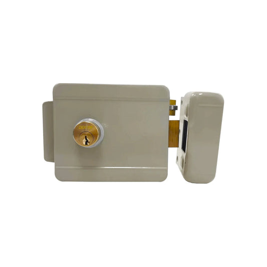 Chapa para entrada principal eléctrica.,Acabado beige.,Chapa izquierda sin botón.,Incluye 3 llaves..estándar y backset de 60 mm,Para puertas de metal o de madera.