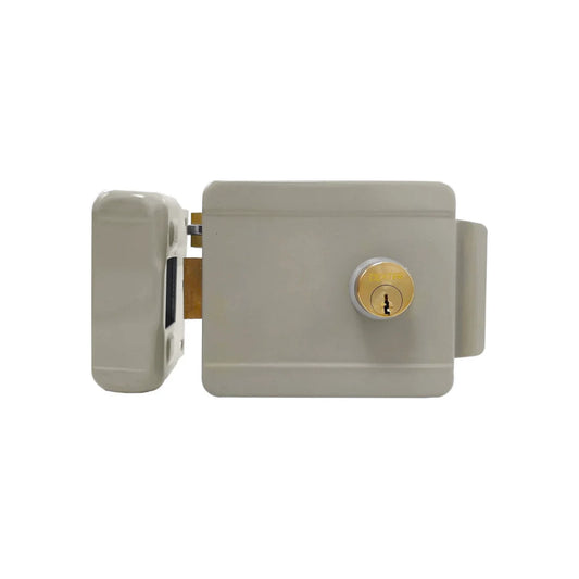 Chapa para entrada principal eléctrica.,Acabado beige.,Chapa izquierda sin botón.,Incluye 3 llaves..estandar y backset de 60 mm,Para puertas de metal o de madera.