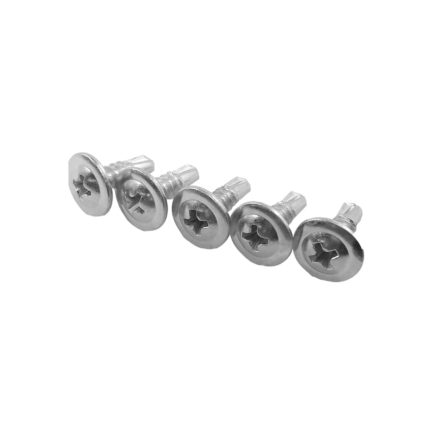 Tornillos punta de broca Phillips autoperforantes de metal, cabeza con arandela integrada, acabado plata.
