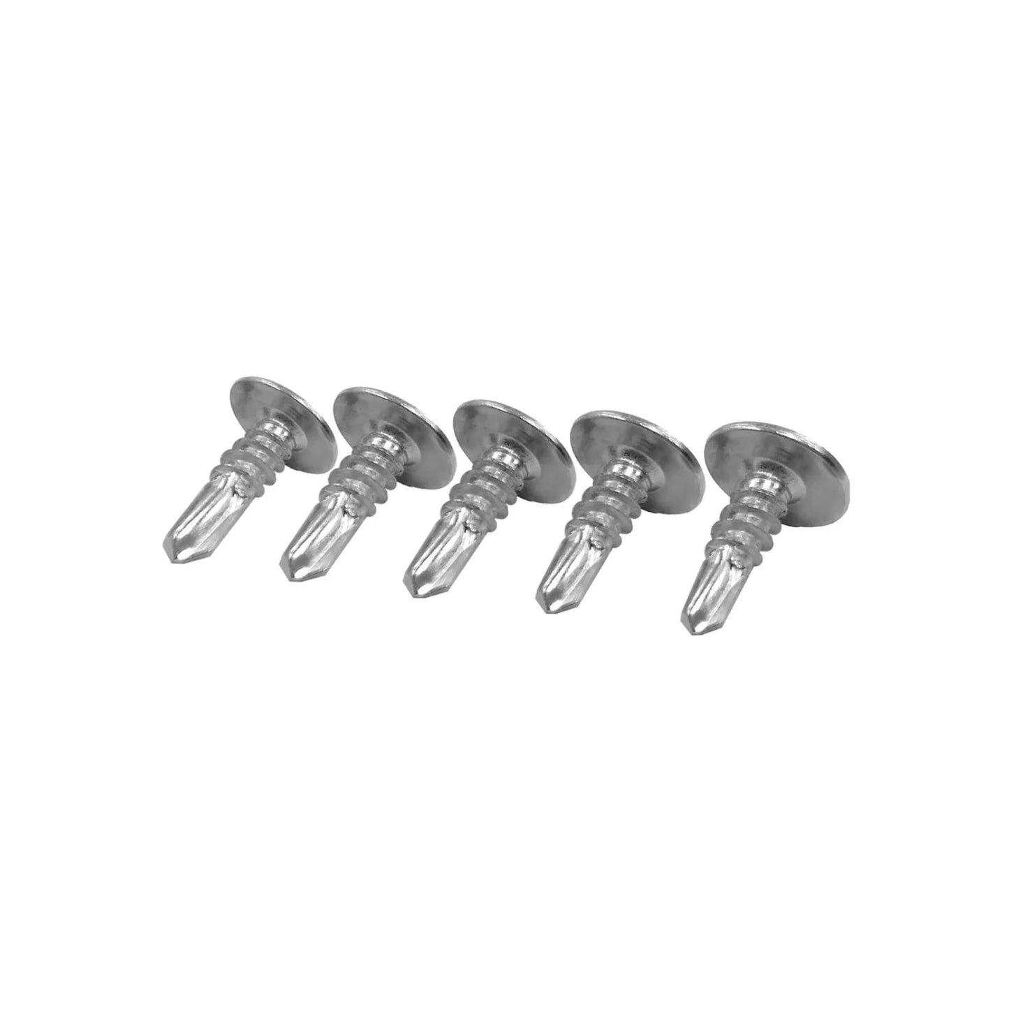 Tornillos autoperforantes Phillips punta de broca, cabeza plana ancha, acabado brillante plateado para metal.