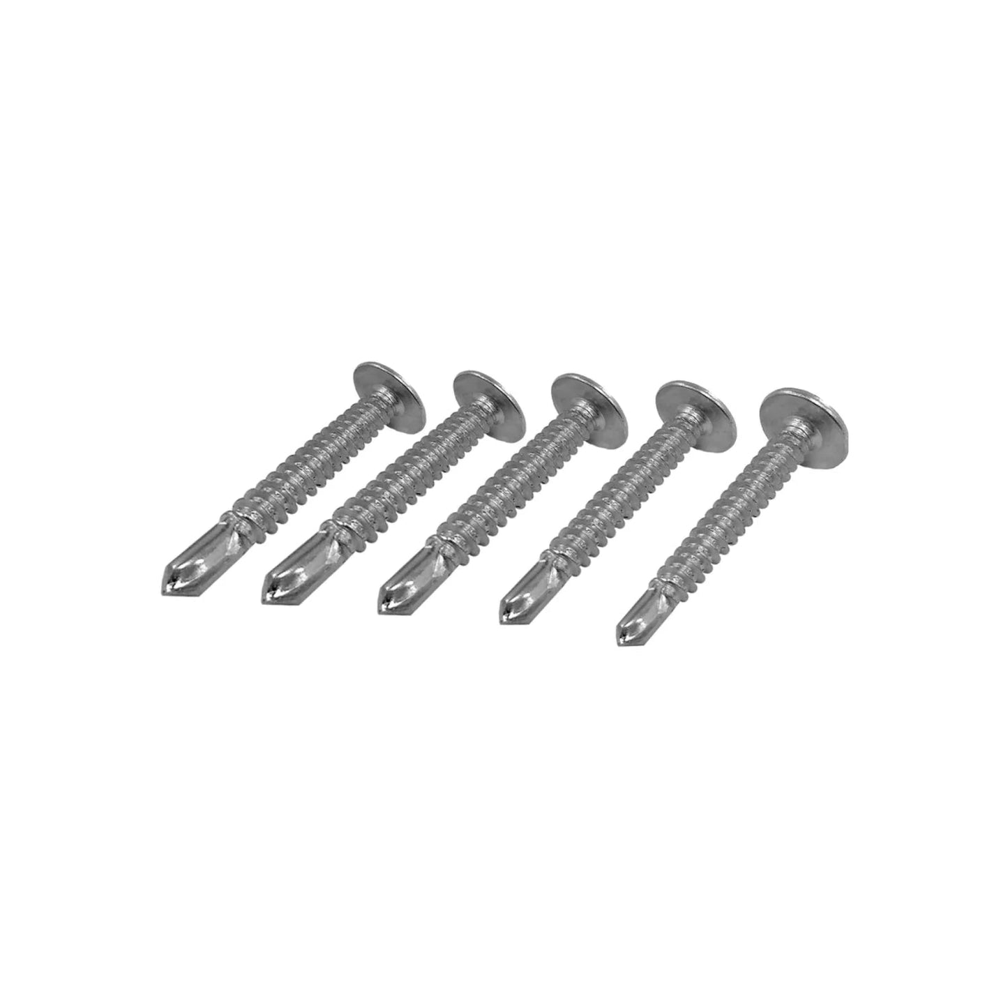 Cinco tornillos Phillips punta de broca autoperforantes plateados para fijar lámina metálica o estructuras