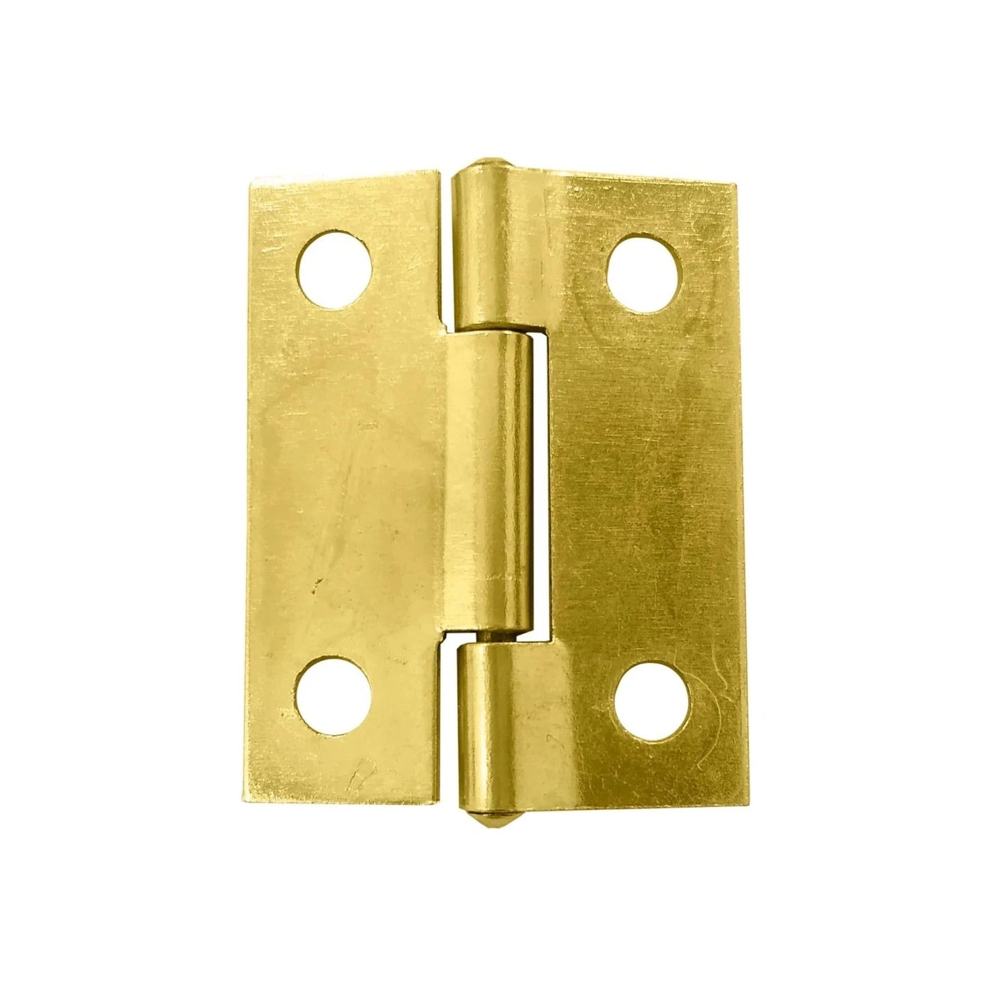 Bisagra de latón brillante con cuatro orificios para fijación, ideal para puertas pequeñas y muebles de madera.