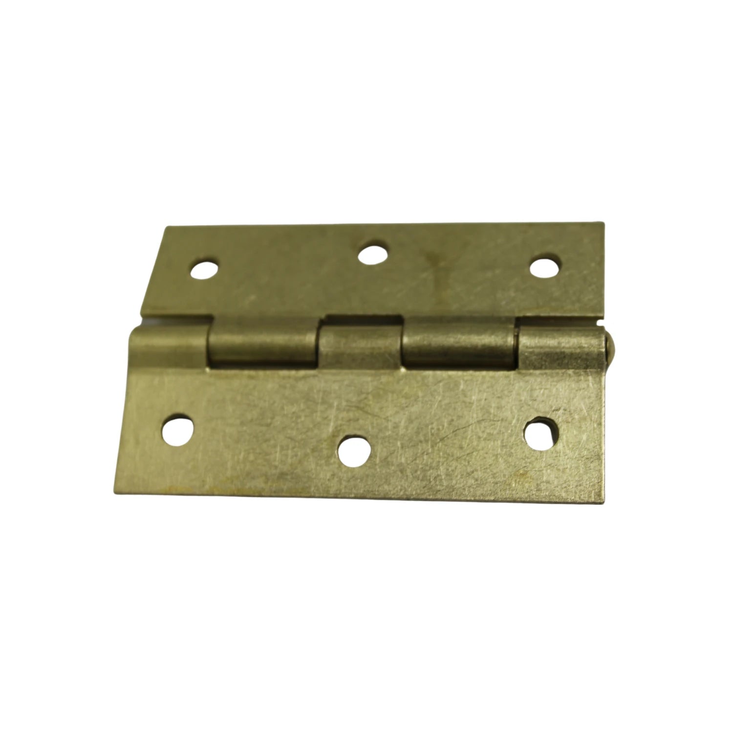Bisagra de latón brillante con seis orificios para tornillos, ideal para puertas y muebles.
