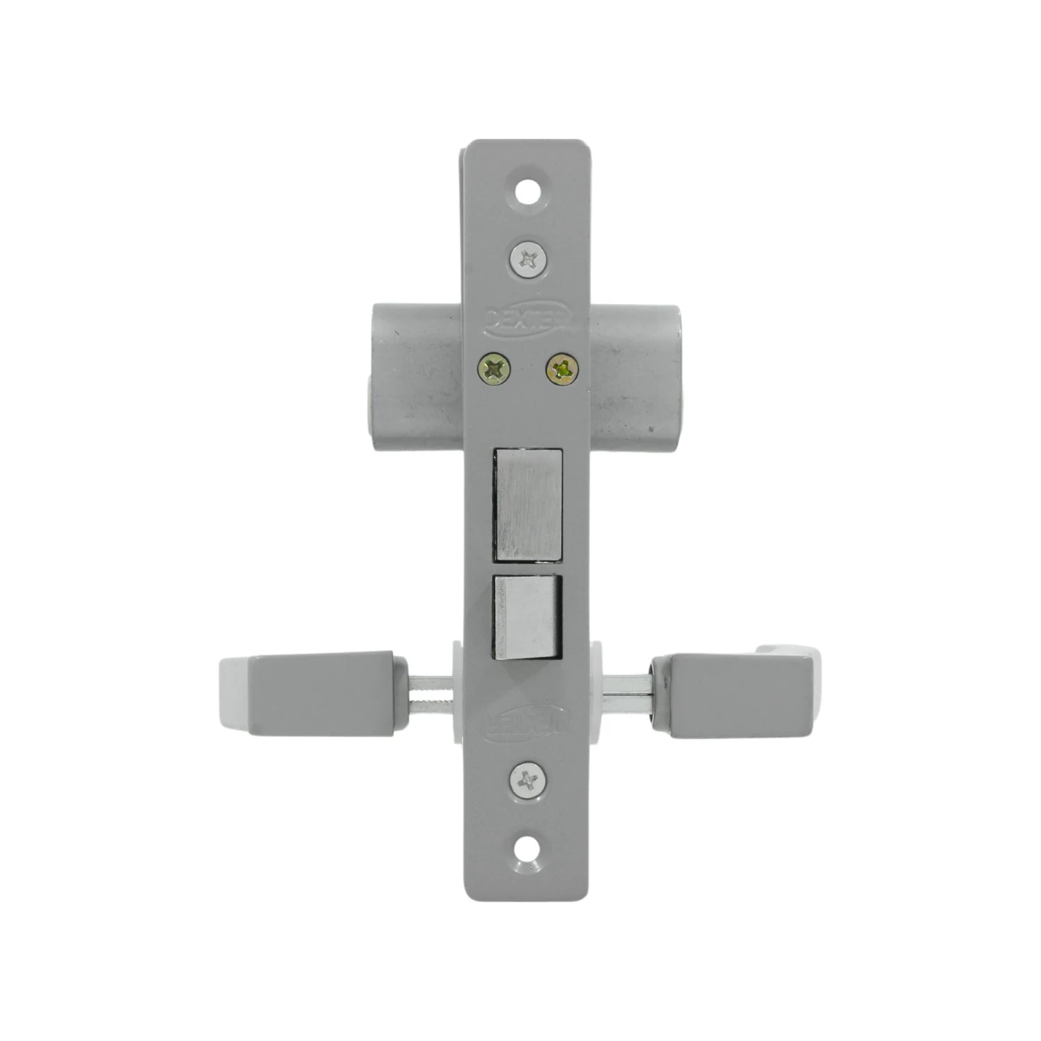 Cerradura de embutir gris Dexter para puerta de aluminio con pestillo y bulón