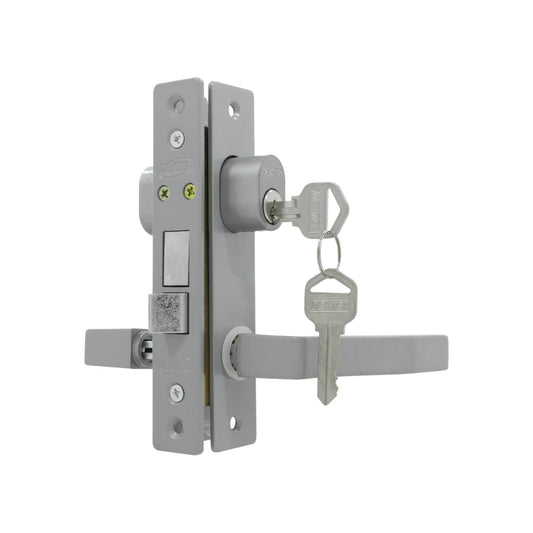 Cerradura Dexter gris para puerta de aluminio, juego con manija, cilindro y llaves incluidas.