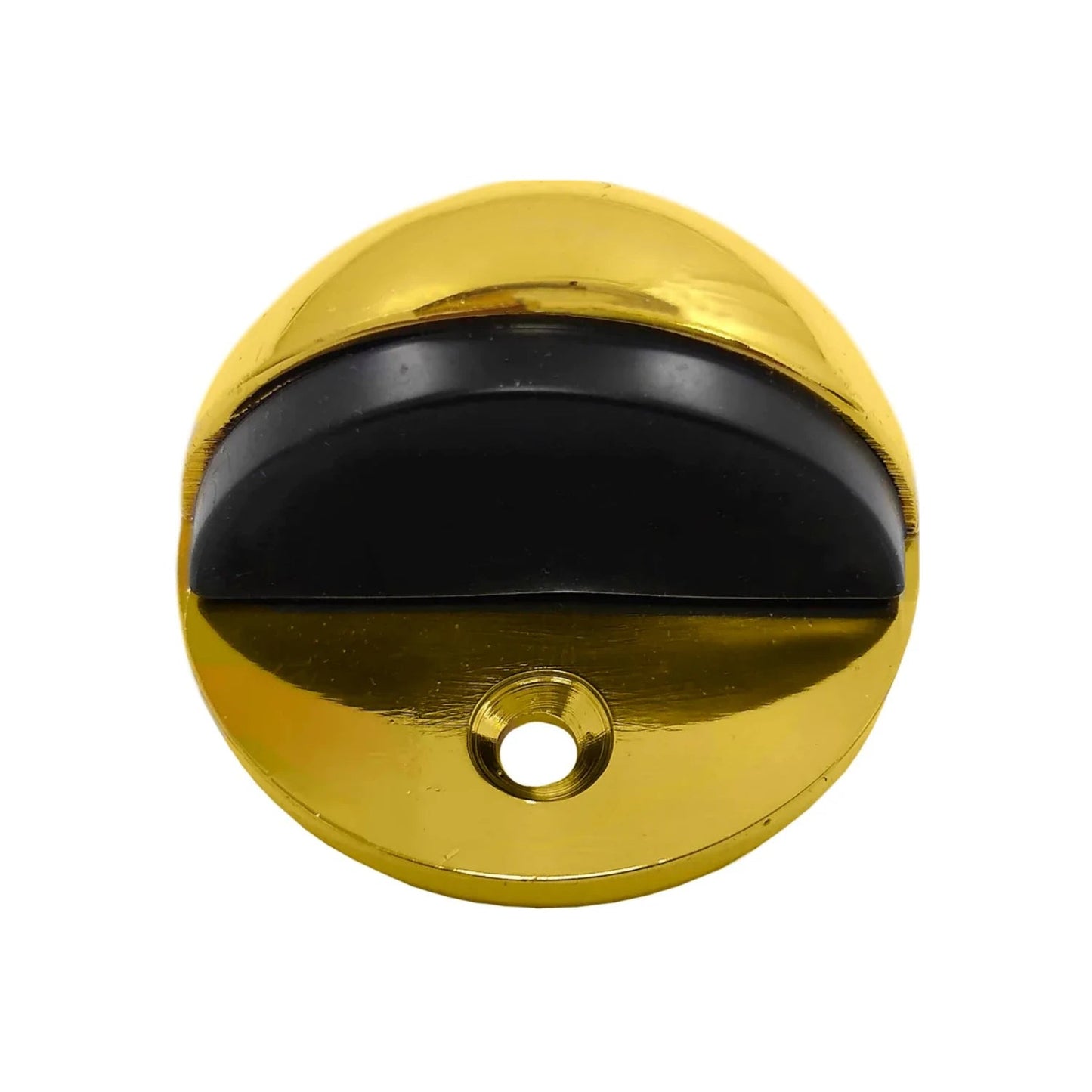 Tope de piso tipo domo de latón brillante con goma negra, ideal para proteger puertas y paredes en interiores.