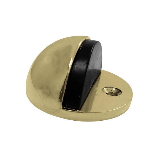 Tope de puerta de piso tipo domo, acabado latón pulido con protector de goma negra