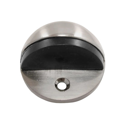 Tope de piso tipo domo níquel satinado con goma protectora, ideal para puertas y protección de pared.