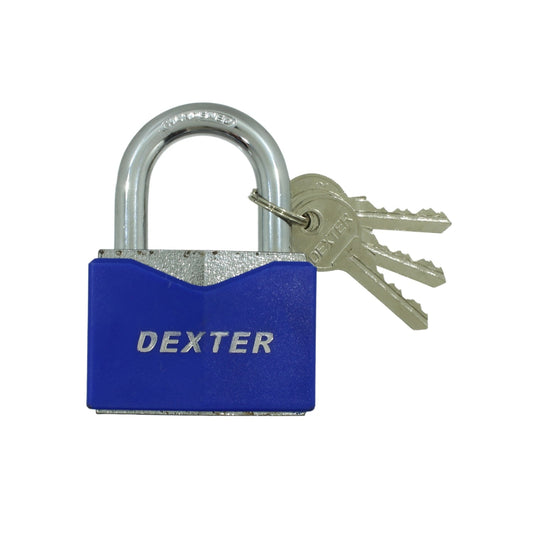 Candado Dexter azul 60mm con 3 llaves y gancho de acero endurecido para seguridad