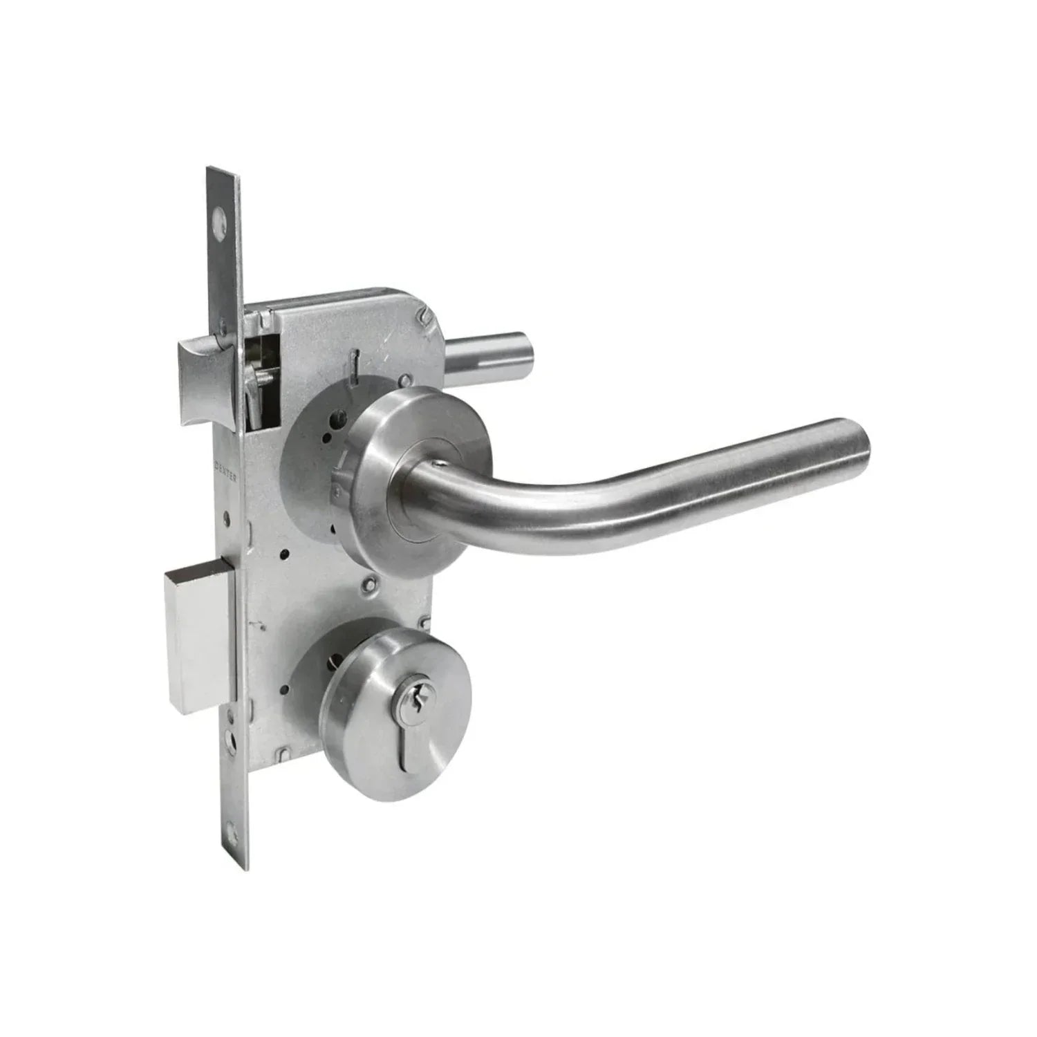 Chapa para recámara.,Reversible para puerta derecha o izquierda.,Para puertas de 35 a 45 mm de espesor.,Fabricado de  zamak y acero.,Acabado acero inoxidable.,Cilindro perfil europeo de 60 mm,Incluye 3 llaves estándar.