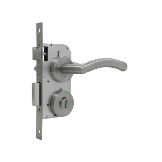 Chapa para baño.,Cerradura con mecanismo de embutir con pasador de un paso.,Identificador exterior y Mariposa al interior.,Manija tipo "U",Para puertas de madera o metal de 35 - 45 mm,Ideal para puertas de fácil acceso como baños o clóset.