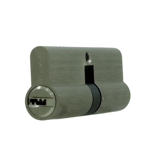 Cilindro de alta seguridad 80 mm,Acabado acero inoxidable.,Para puertas de 45 a 60 mm,Incluye 5 llaves de puntos.