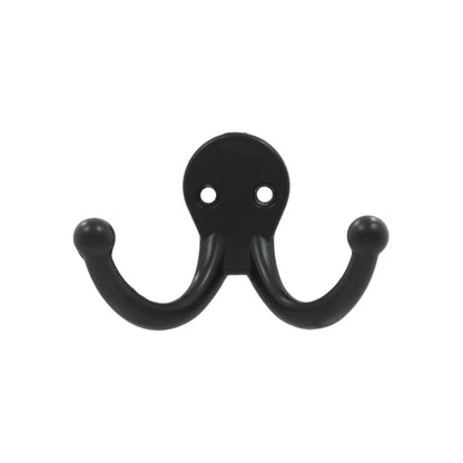 Información Técnica., Fabricado de Zamac., Gancho doble., Ideal para colgar y sostener ropa y otros accesorios., Acabado: Negro.