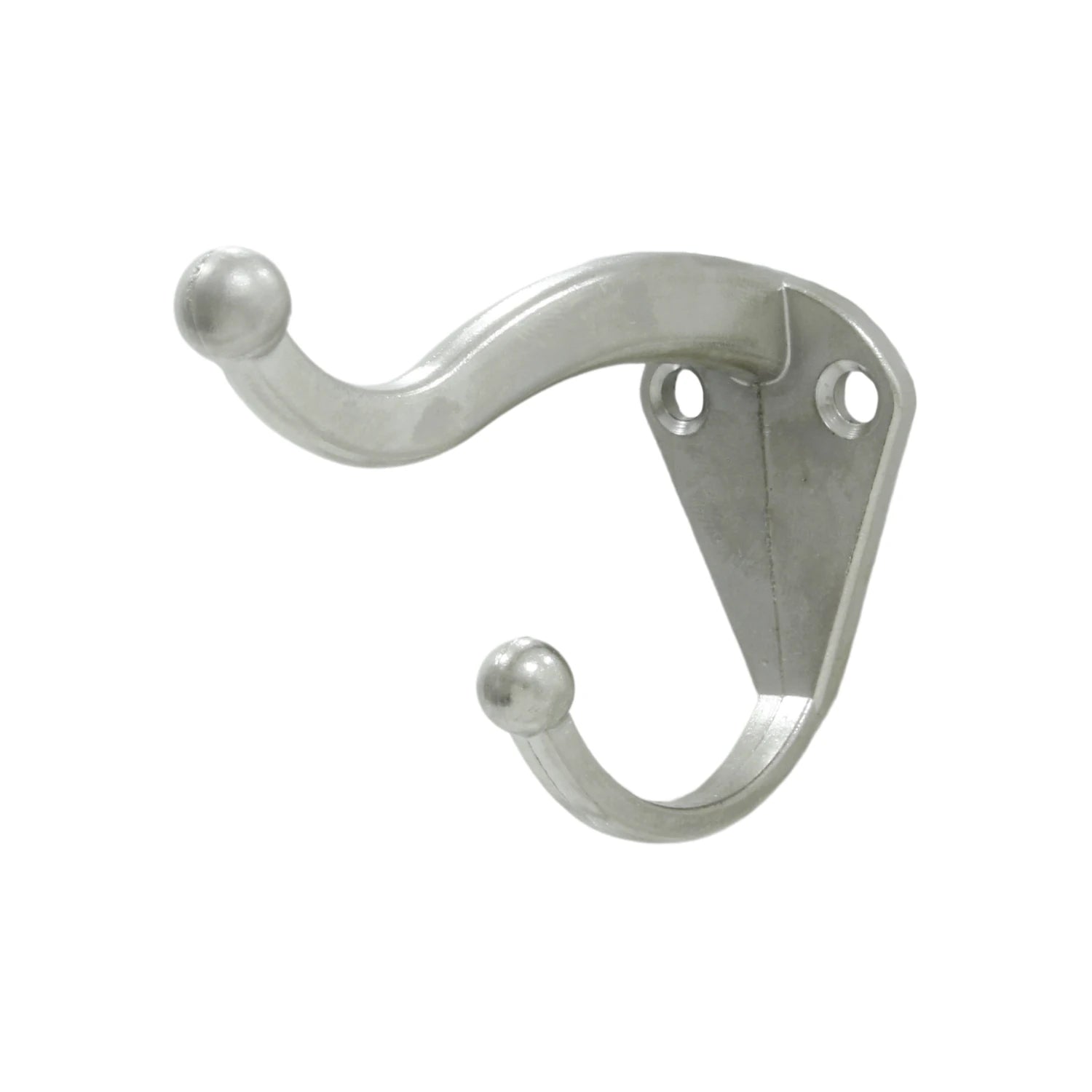 Gancho perchero doble níquel satinado con puntas esféricas para sombreros y abrigos, montaje con tornillos.