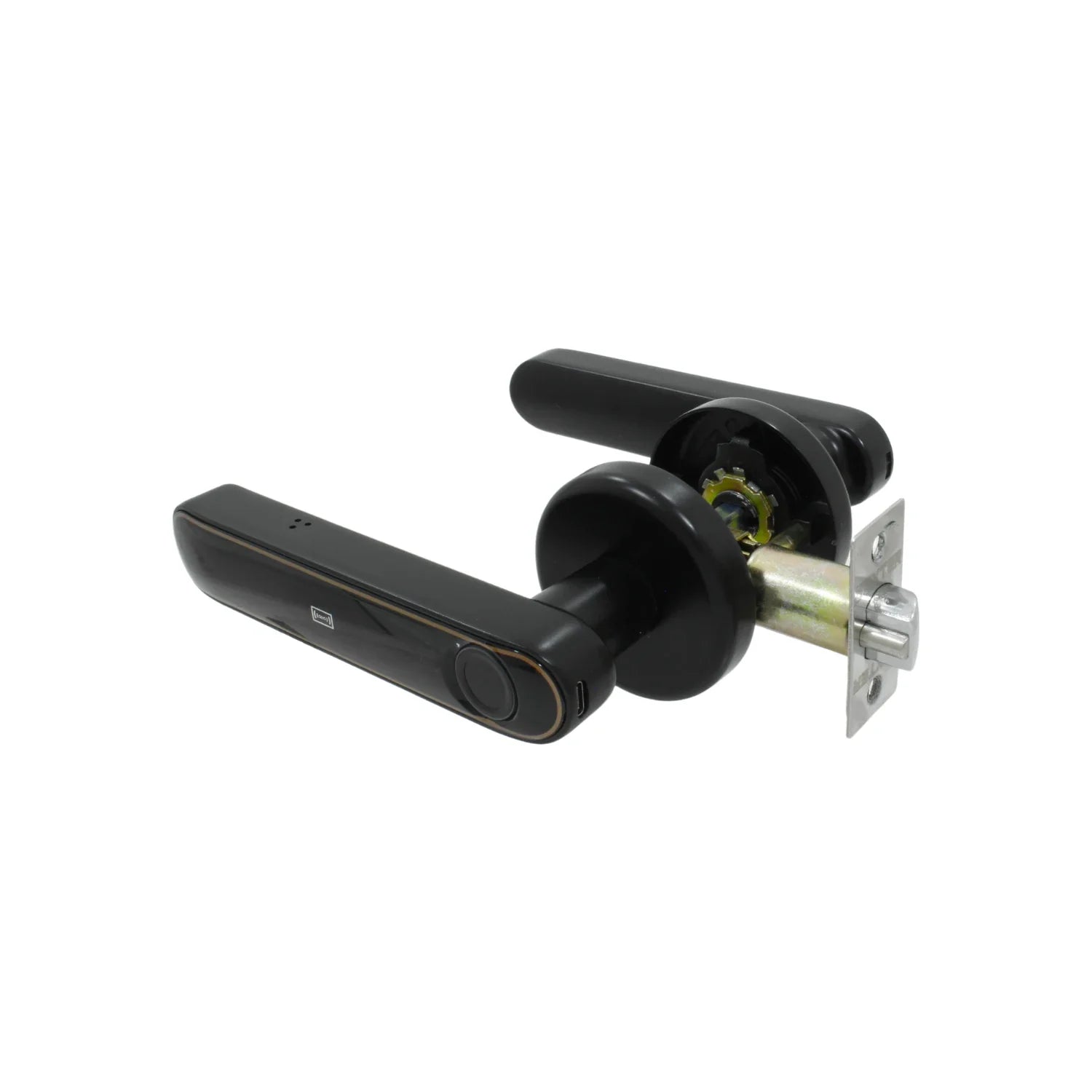 Apertura por medio de App, Reconocimiento de huella., Contraseña numérica., Apertura con llave., Tarjeta de desbloqueo., Mecanismo tubular., Backset ajustable de 60 mm (2 3/8”) o 70 mm (2 3/4")., Para puertas con espesor de 30 a 50 mm (1 3/16” a 2”)., Sirve para puertas izquierdas o derechas., Se puede usar en instalaciones nuevas o usadas., Tecnología IMD, Requiere de 4 baterías AAA (no incluidas).
