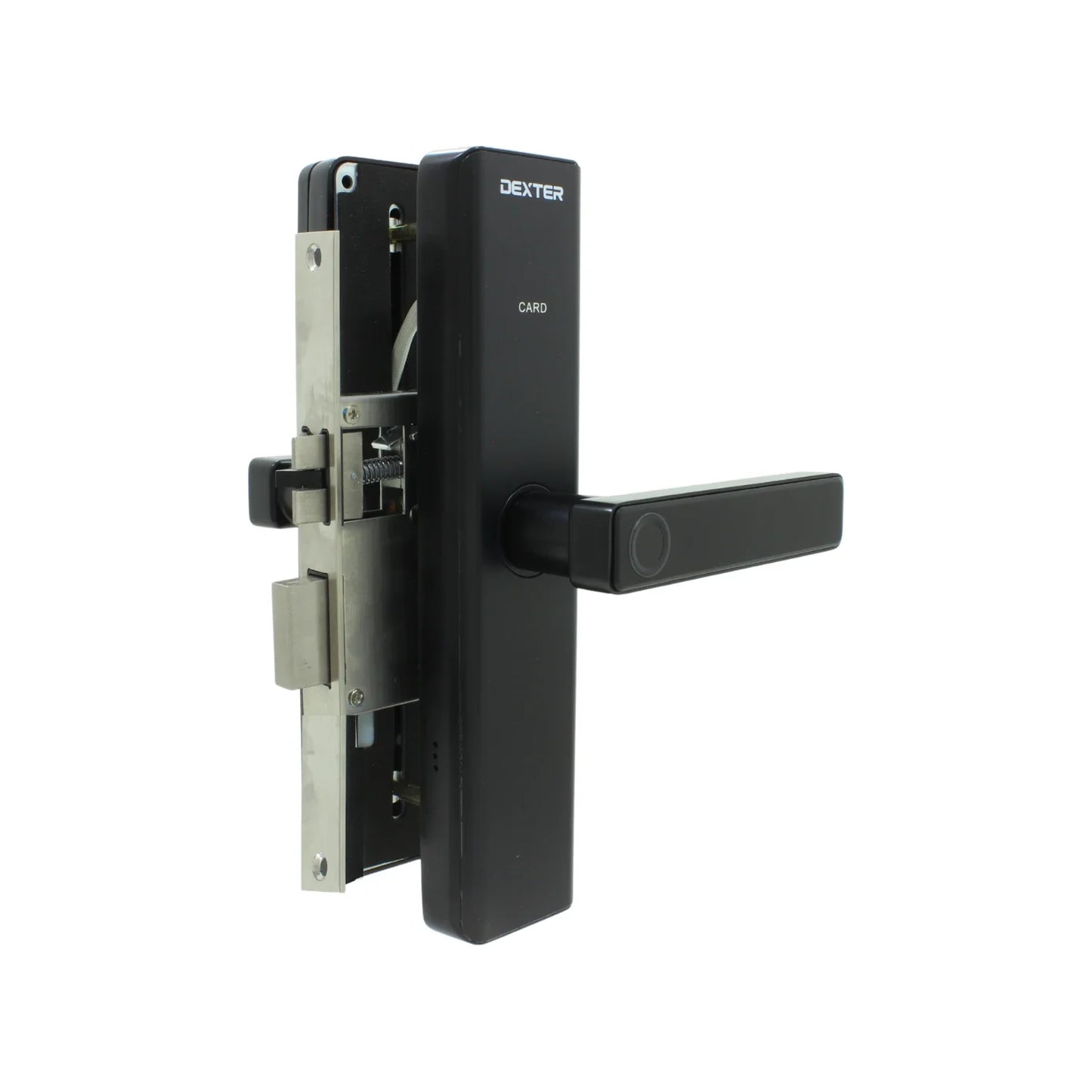 Apertura por medio de App, Reconocimiento de huella., Tarjeta de desbloqueo., Contraseña numérica., Apertura con llave., Conexion WiFi, Acabado en color negro., Mecanismo de embutir., Para puertas con espesor de 35 mm a 65 mm (1 3/8” a 2 9/16”)., Sirve para puertas izquierdas o derechas., Requiere de 4 baterías AAA (no incluidas).