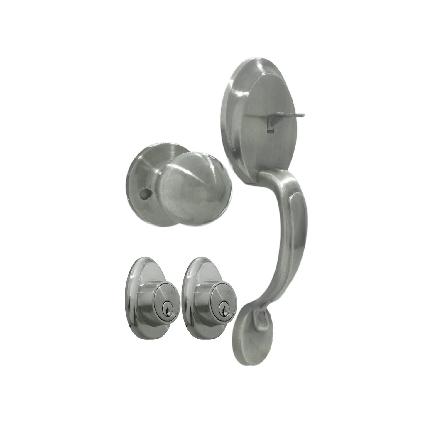 Conjunto cerradura Dexter níquel satinado entrada principal con manija, thumb-turn y dos cerrojos de seguridad.