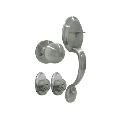 Conjunto cerradura Dexter níquel satinado entrada principal con manija, thumb-turn y dos cerrojos de seguridad.