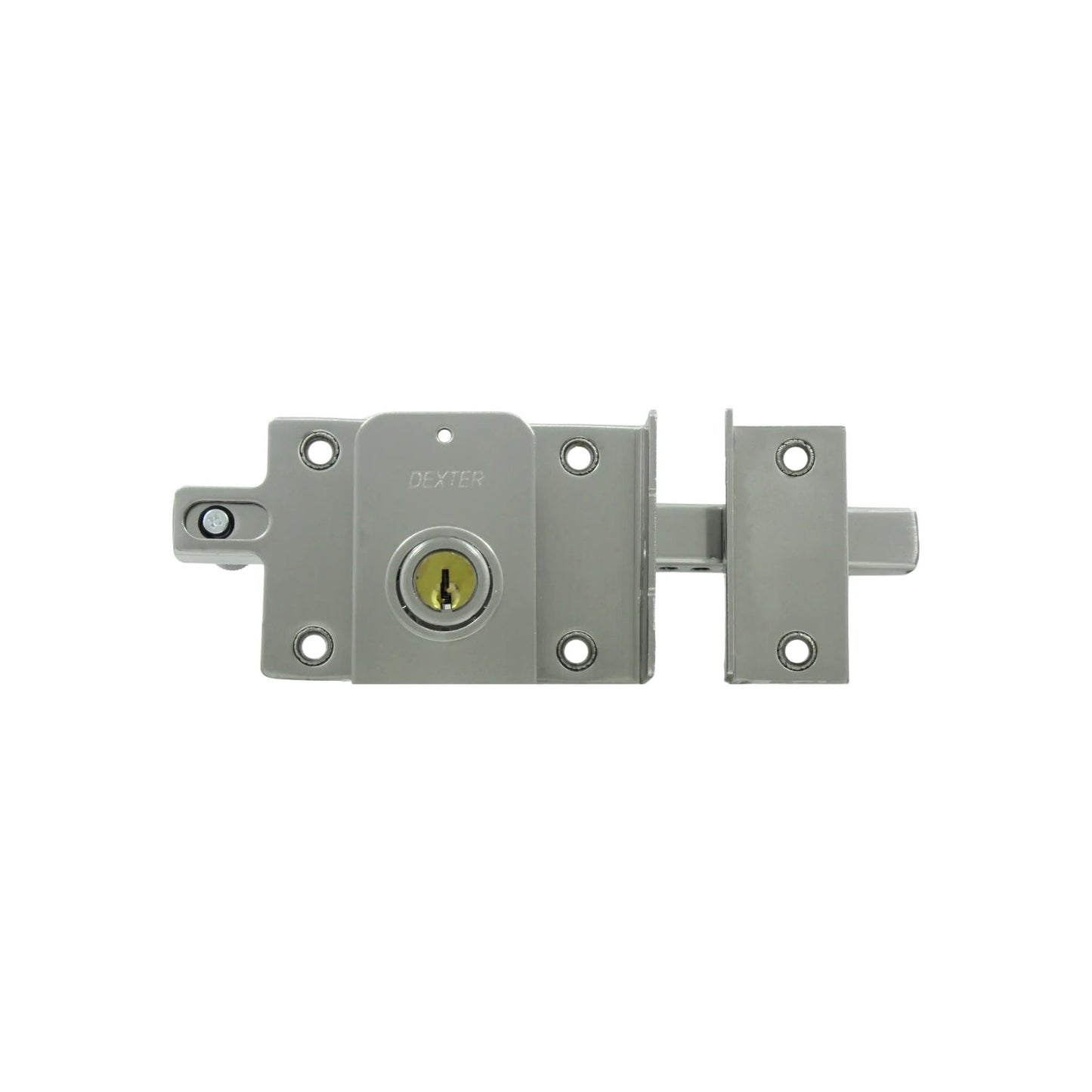 Cerradura de sobreponer Dexter plateada con cilindro de llave y barra fija izquierda