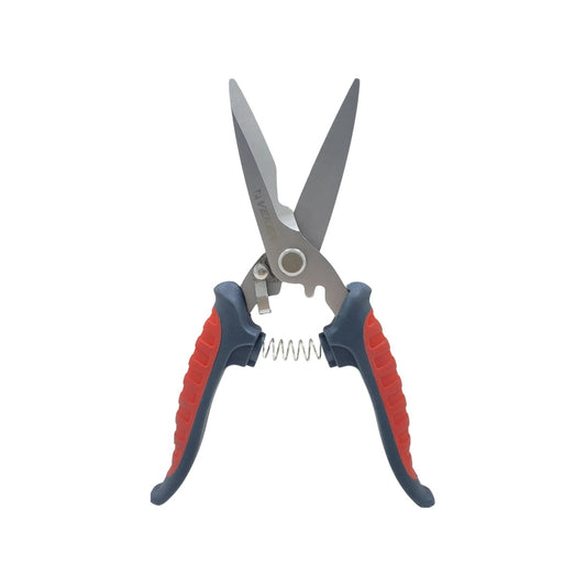 Tijera multiusos Veker 8 pulg. mango ergonómico rojo/gris, acción de resorte para cortes eficientes