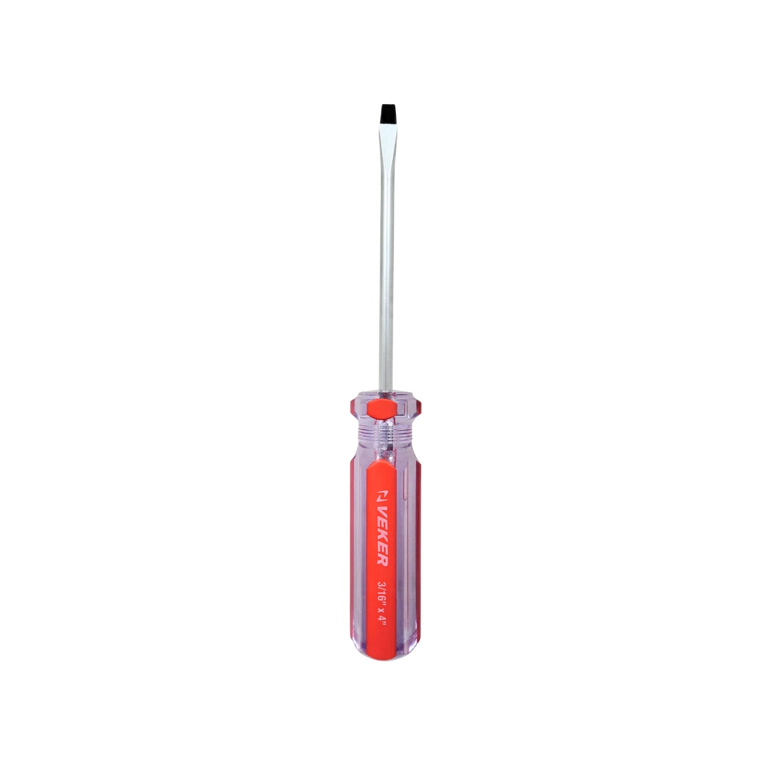 Desarmador plano Veker 3/16"x4" con mango transparente rojo, herramienta de mano punta plana