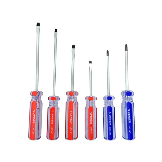 Juego de 6 desarmadores Veker: 3 planos y 3 Phillips con mangos transparentes rojo y azul. Herramientas de precisión.