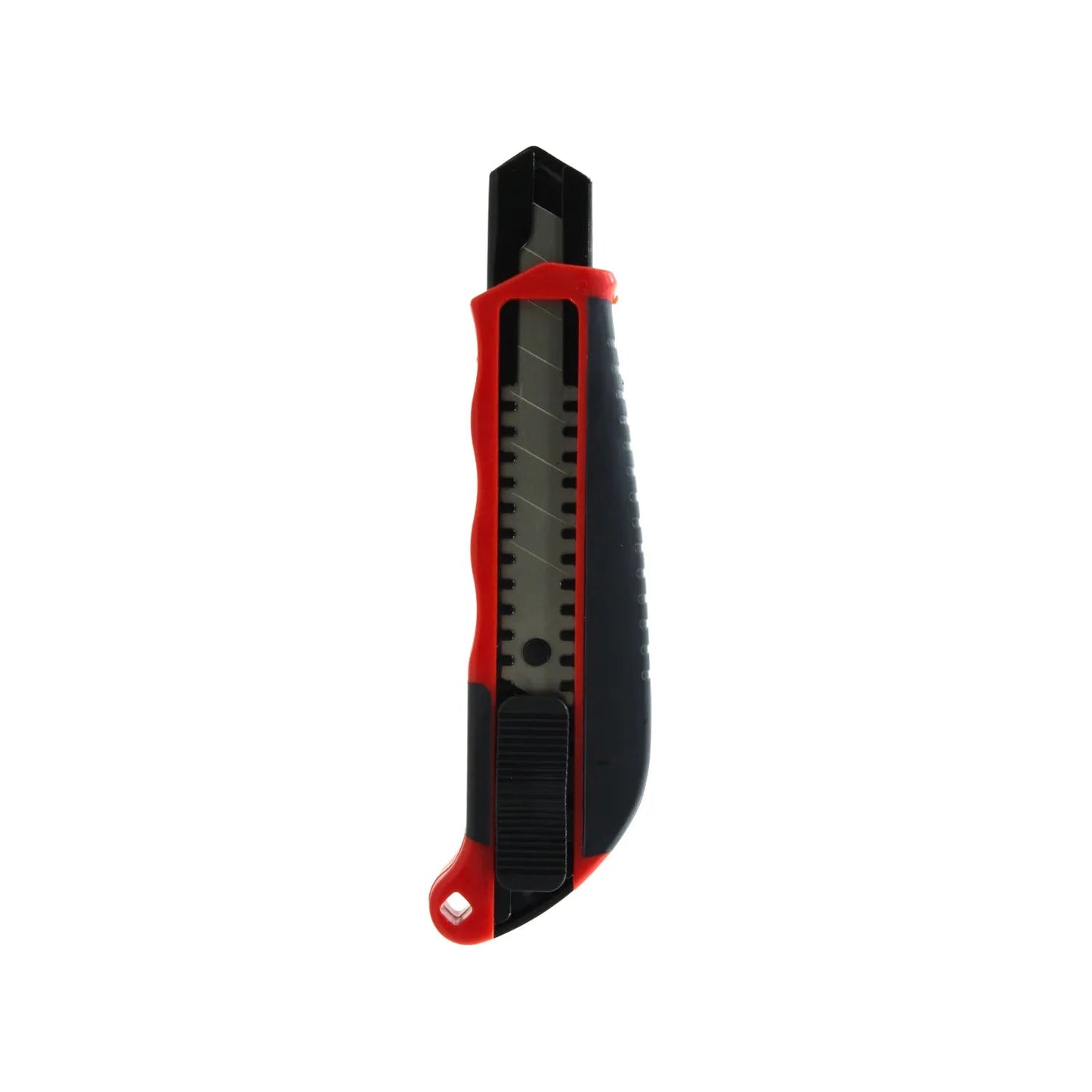 Cúter utilitario compacto 5", cuerpo negro y rojo con alma de metal, hoja retráctil para cortes precisos