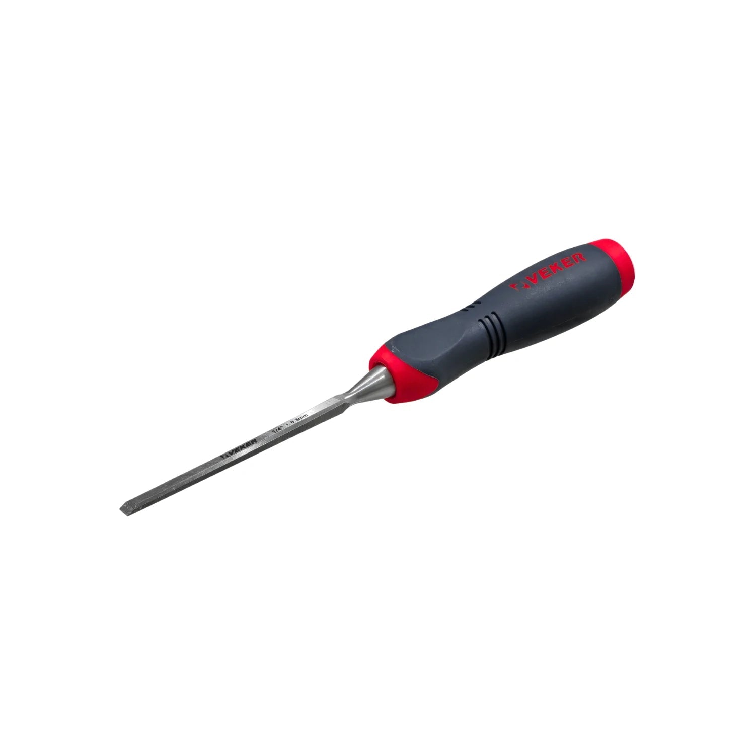 Formón Veker 1/4" (6.3mm) para madera, mango ergonómico rojo y gris.
