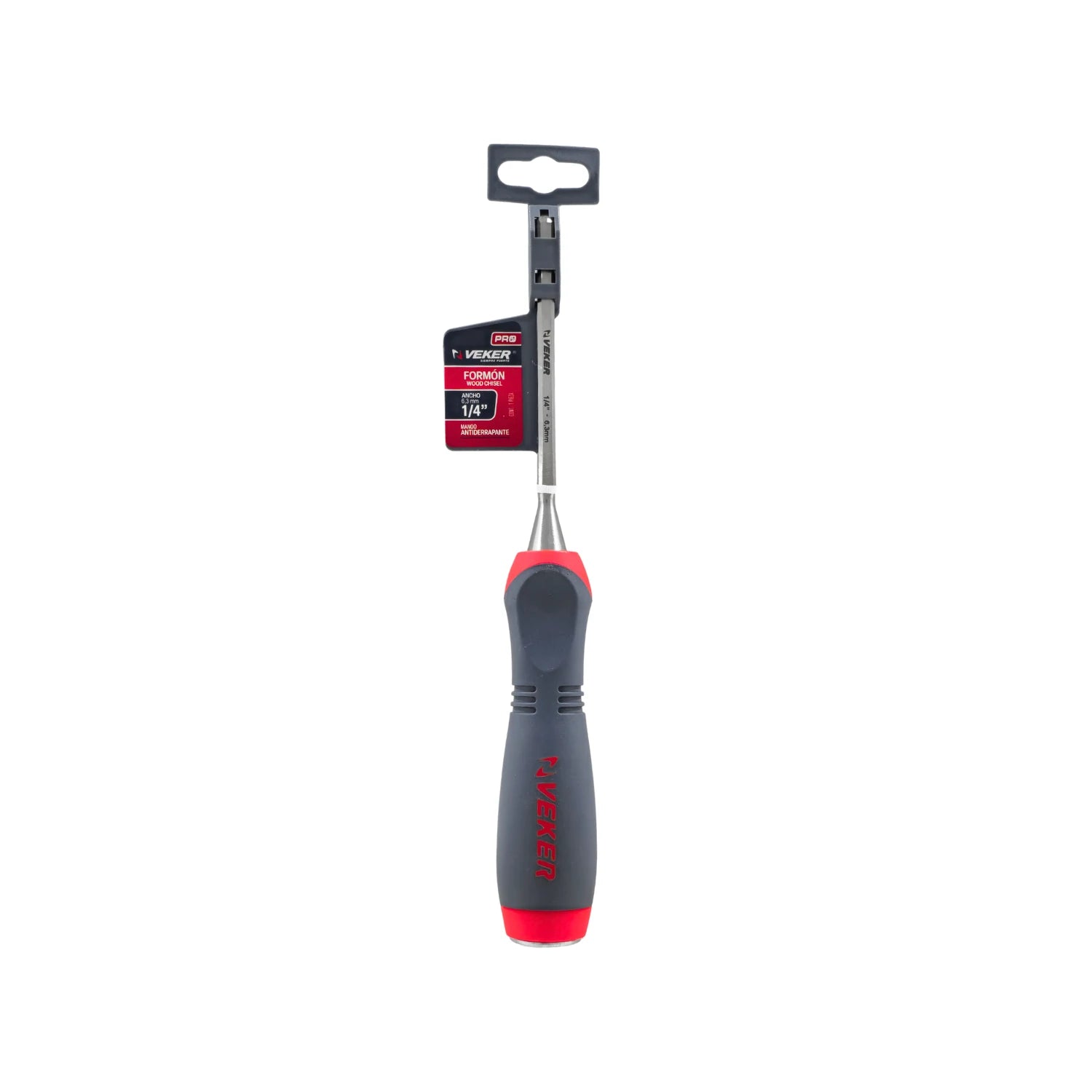 Formón Veker 1/4" con mango comfort antideslizante gris y rojo para trabajos de carpintería y madera.