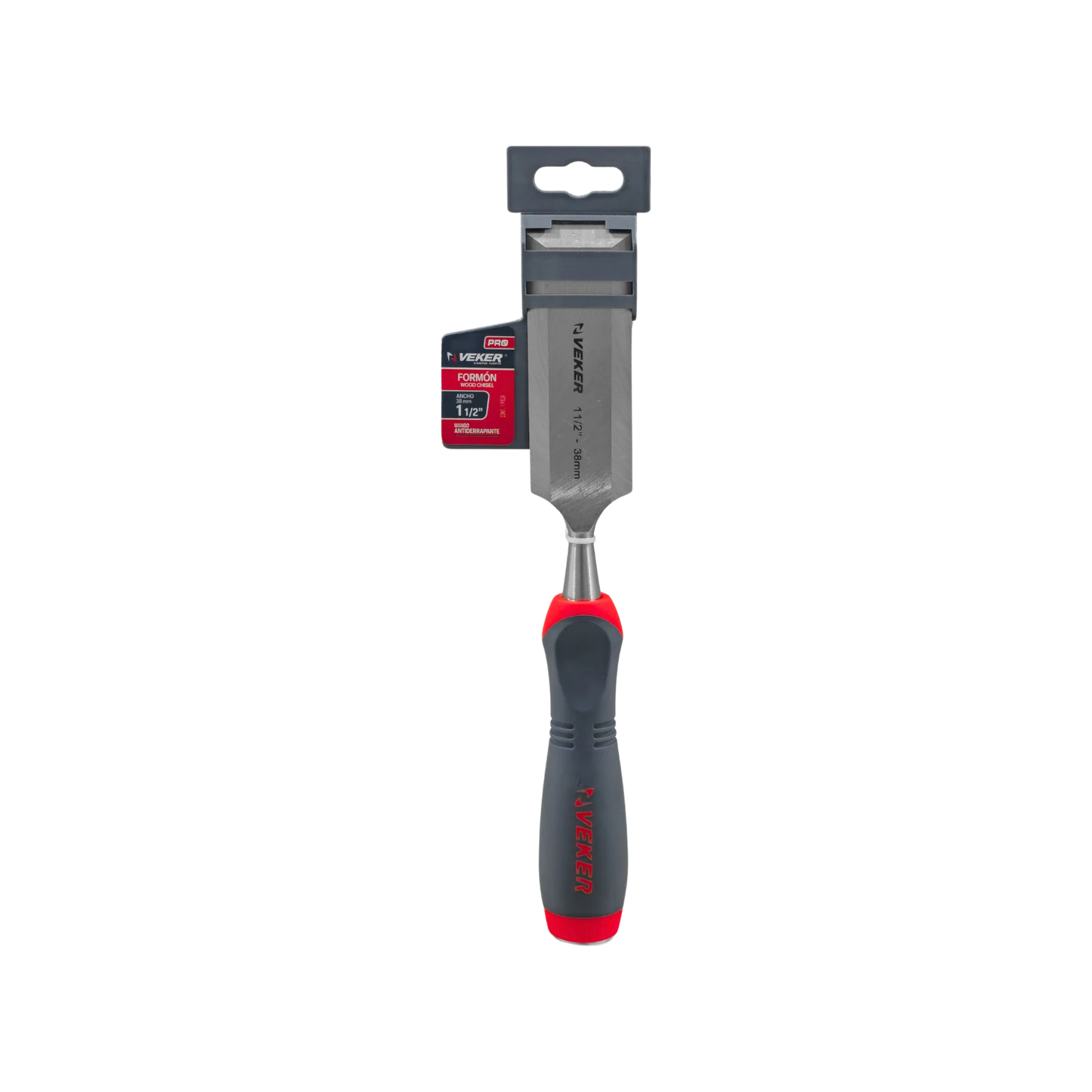 Formón Veker PRO 1 1/2" (38mm) con mango ergonómico antideslizante rojo y gris para carpintería