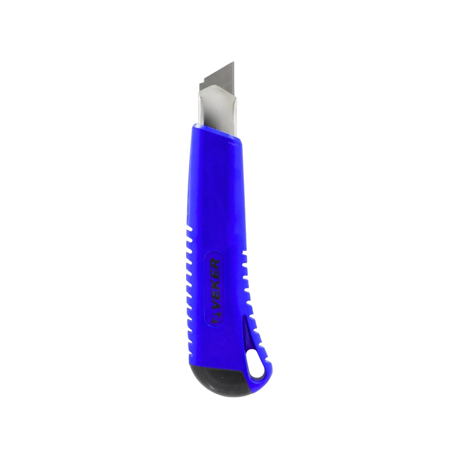 Cúter grande azul Veker con hoja retráctil de metal, mango texturizado para un agarre seguro y corte preciso.
