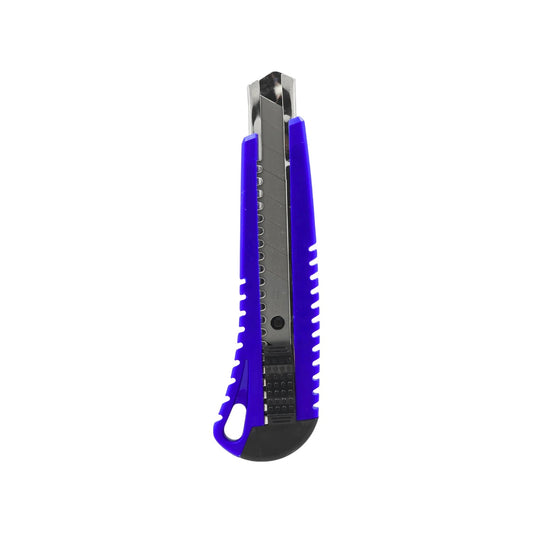 Cúter retráctil azul con hoja segmentada de metal y mango ergonómico