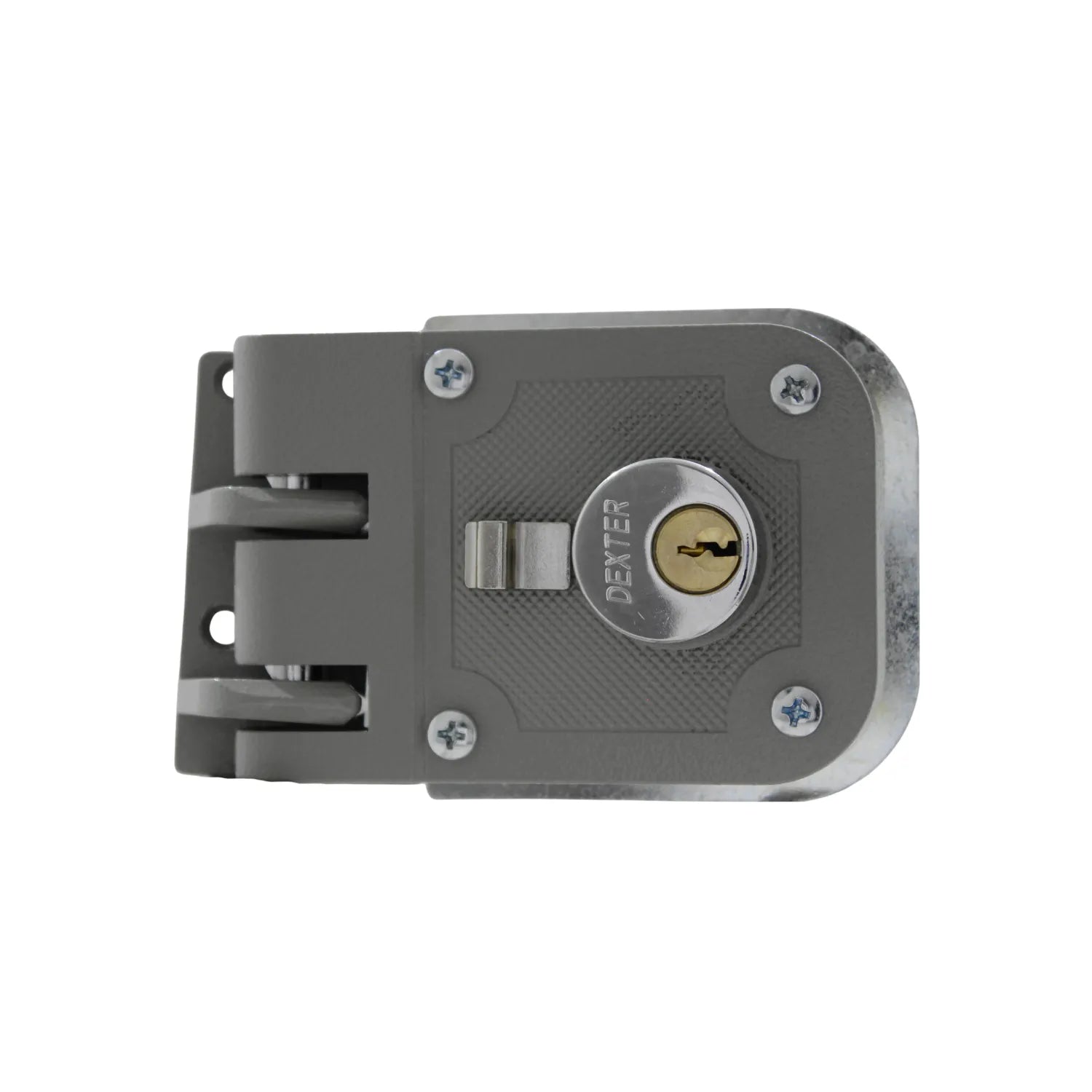 Cerradura de sobreponer Dexter color gris con cilindro de latón para seguridad de puertas de madera o metal.