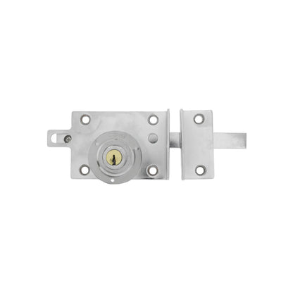 Cerradura de sobreponer Dexter cromada con cerrojo de seguridad y llave para puertas de madera o metal.
