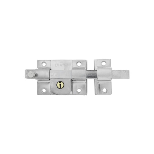 Pasador de seguridad Dexter cromado con llave para puertas y portones, cerrojo metálico resistente.