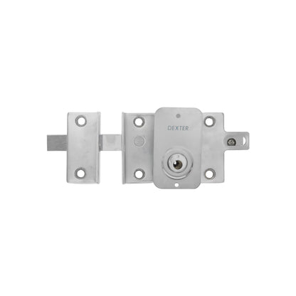 Cerradura de sobreponer Dexter en acero inoxidable con cerrojo de seguridad y cilindro para llave.