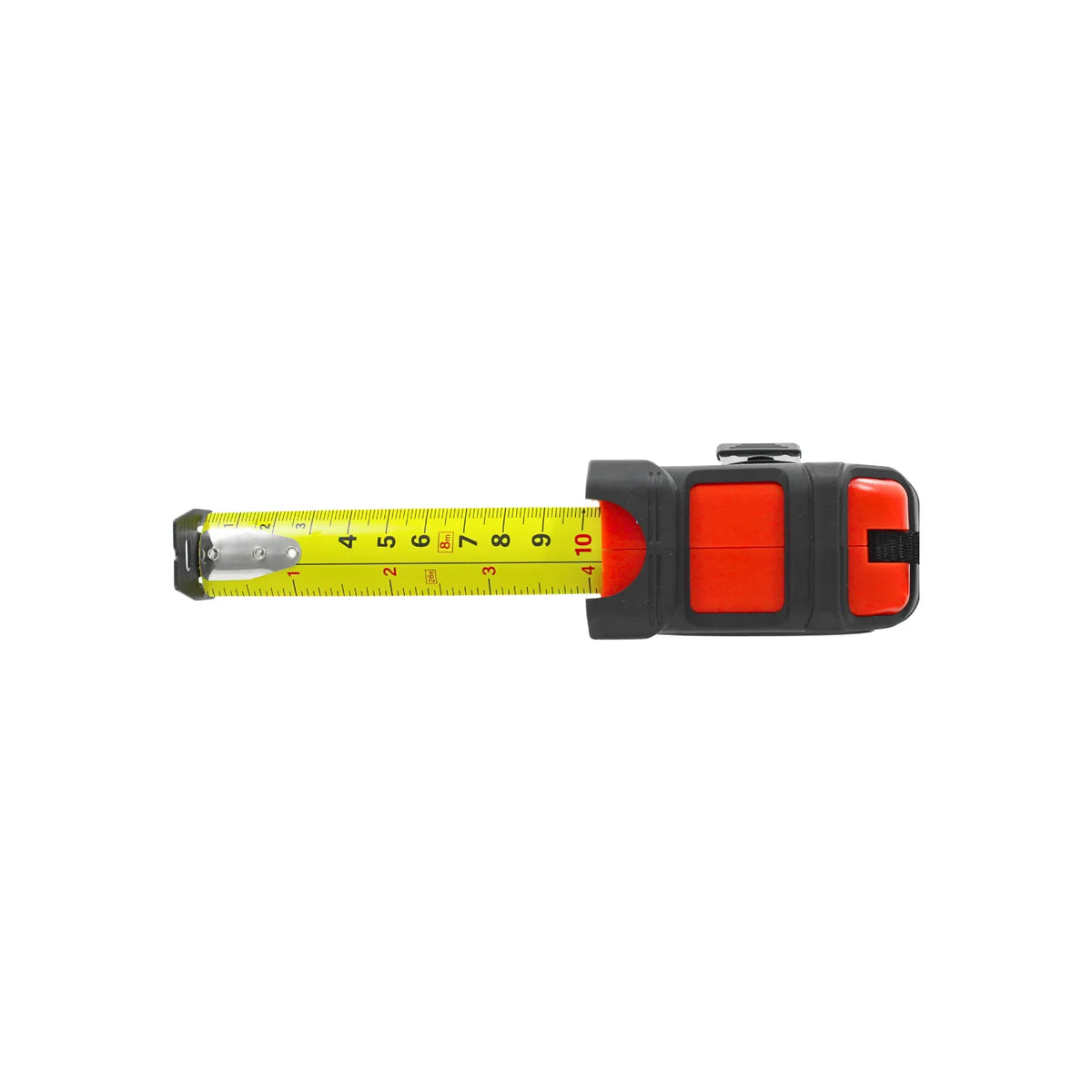 Flexómetro de 8m y 26ft cinta métrica amarilla con carcasa ergonómica roja y negra resistente para construcción.