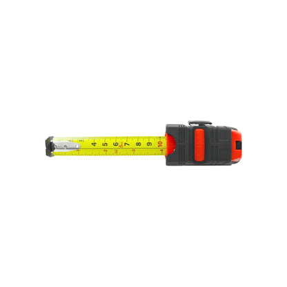 Flexómetro retráctil de 5m con cinta amarilla de acero y carcasa ergonómica color negro con naranja
