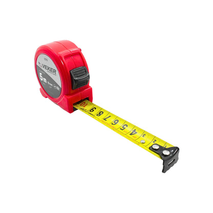 Flexómetro Veker 5m 16ft x 19mm cinta métrica amarilla con carcasa roja de alta resistencia para ferretería.