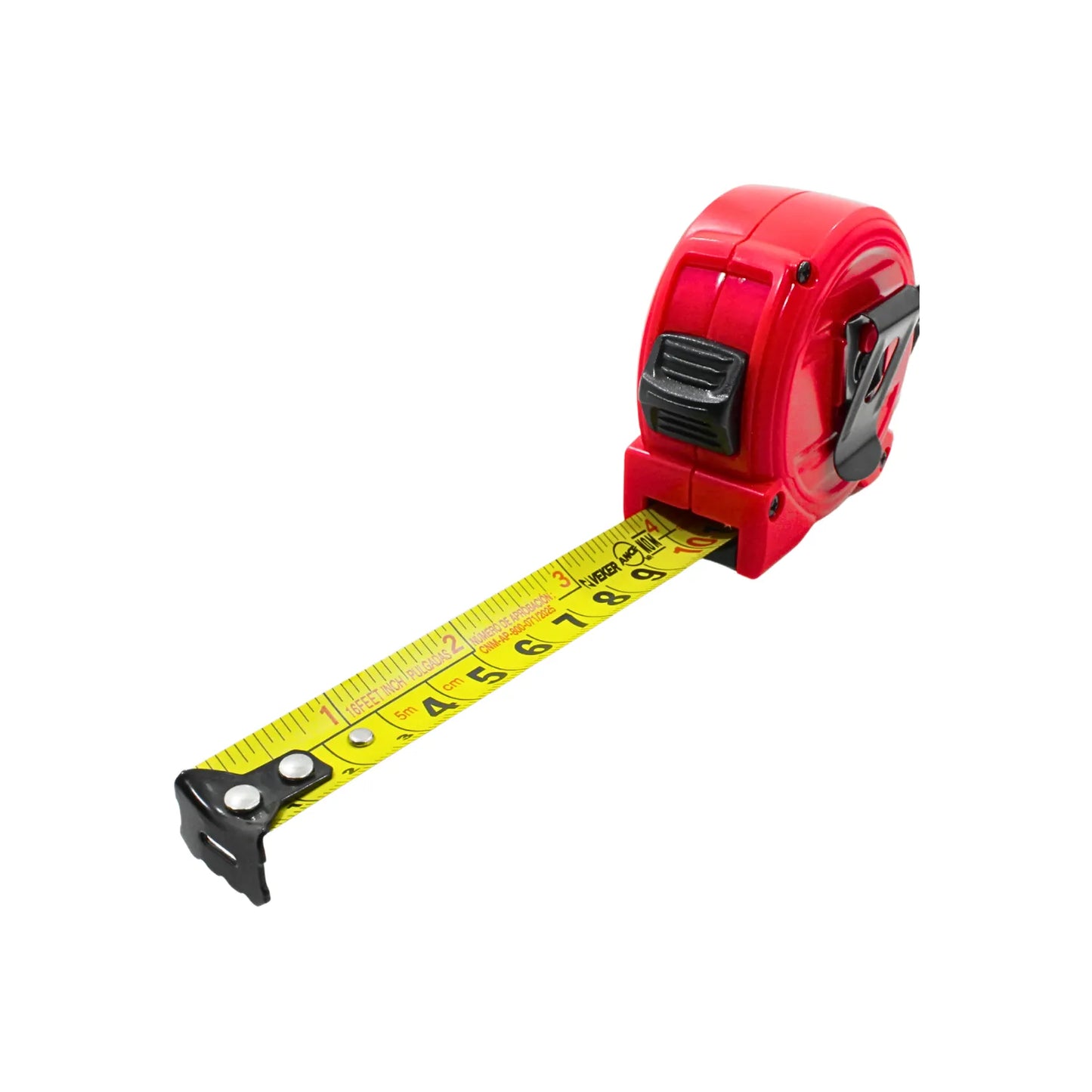 Flexómetro Veker retráctil de 5 metros y 16 pies con carcasa roja y cinta amarilla métrica e imperial.