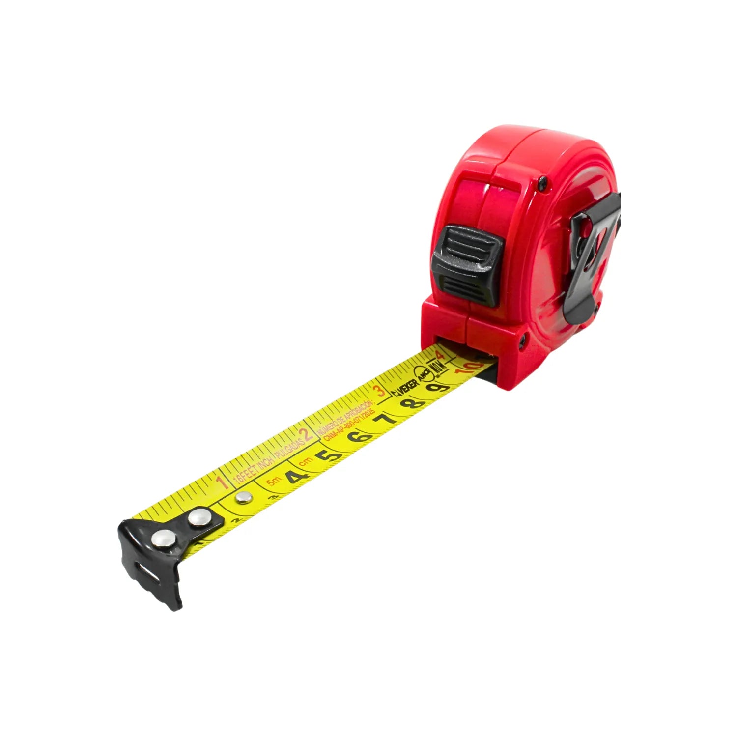 Flexómetro Veker retráctil de 5 metros y 16 pies con carcasa roja y cinta amarilla métrica e imperial.