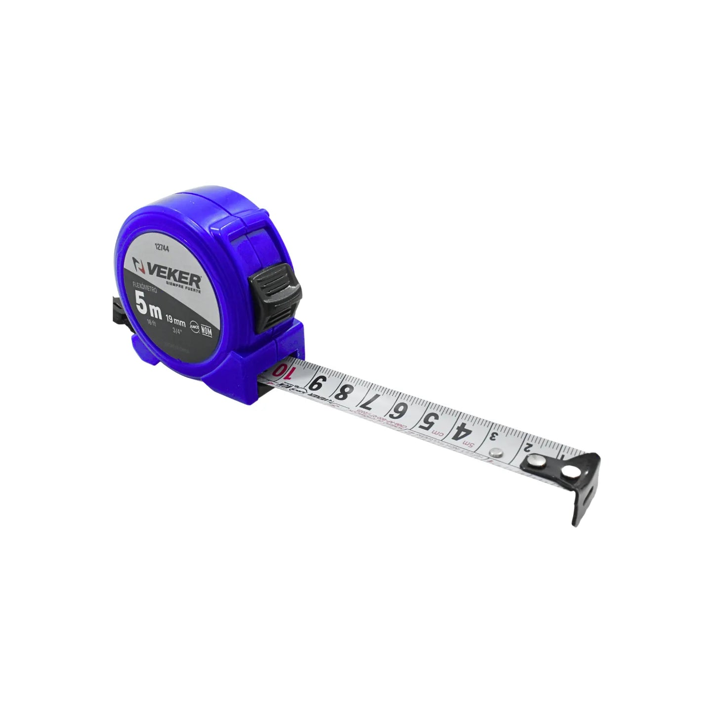 Flexómetro Veker 5m x 19mm azul cinta métrica retráctil para trabajos de medición y ferretería.
