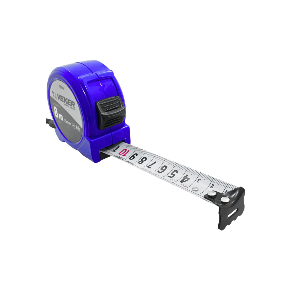Flexómetro Veker de 8 metros x 25mm con carcasa azul y freno para medición profesional en construcción y carpintería.