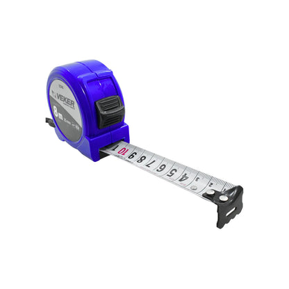 Flexómetro Veker de 8 metros x 25mm con carcasa azul y freno para medición profesional en construcción y carpintería.