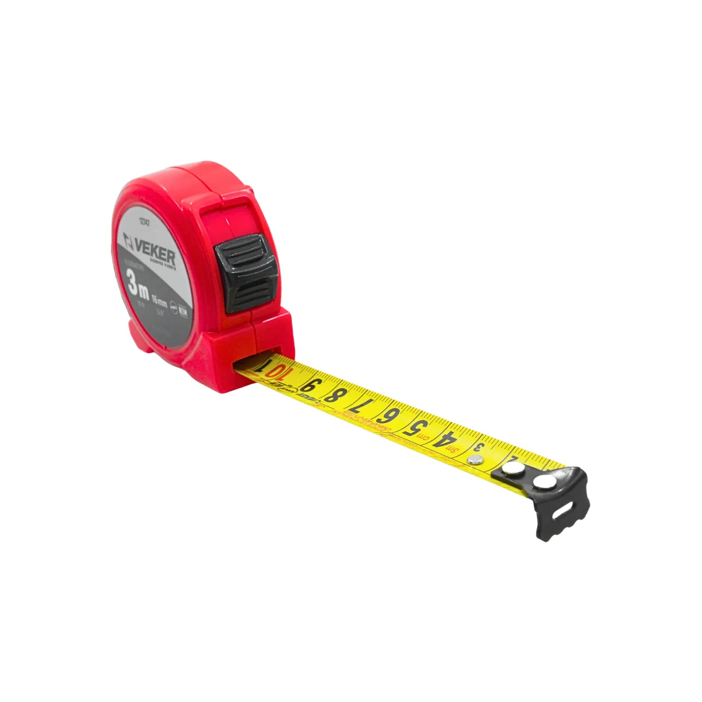 Flexómetro Veker de 3 metros x 16 mm con carcasa roja y cinta métrica amarilla para mediciones precisas