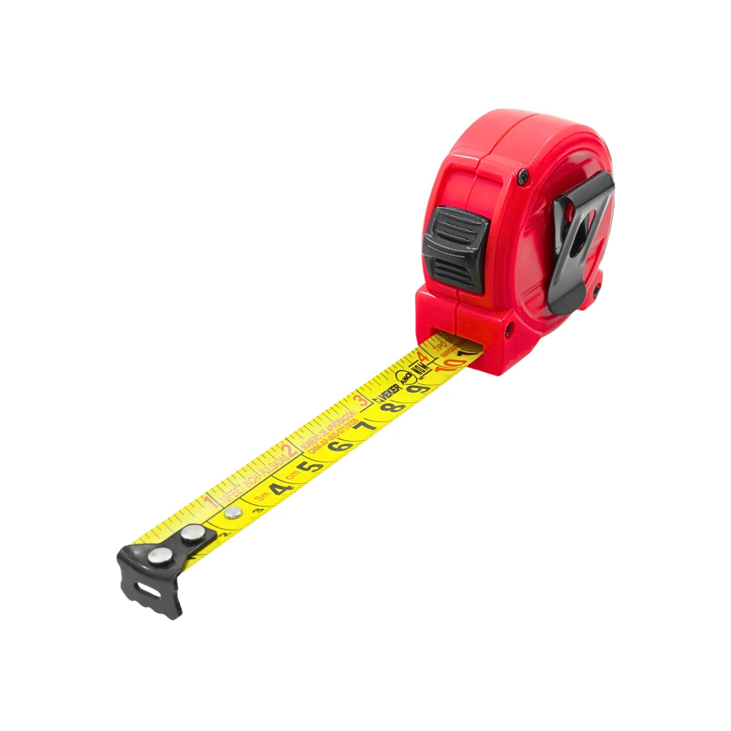 Flexómetro de 3m/10ft marca VEKER con carcasa roja cinta métrica amarilla y clip metálico para cinturón